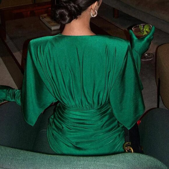 Mews Mews Green Elegant Draped Shoulder Pad Ruched Bodycon Mini Dress - Picture 6 of 17